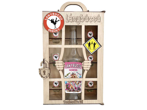 Börtönös Pálinkás Italos Szett - Lánybúcsú Italos Szett – Vicces Lánybúcsú Kellék Pálinkás üveggel és Poharakkal Fa Börtön Díszdobozban