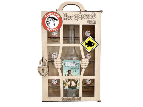 Börtönös Pálinkás Italos Szett - Horgászos Italos Szett – Vicces Horgász Ajándék Pálinkás üveggel és Poharakkal Fa Börtön Díszdobozban
