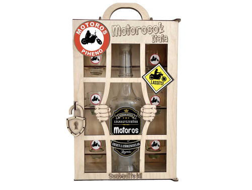 Börtönös Pálinkás Italos Szett - Motorosok Itala Italos Szett – Motoros Ajándék Pálinkás üveggel és Poharakkal Fa Börtön Díszdobozban