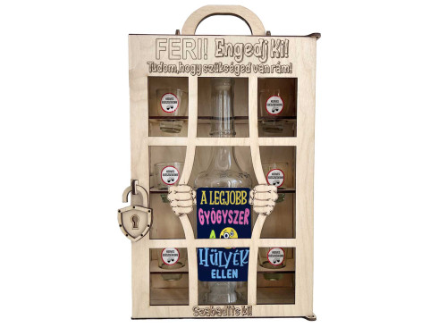Börtönös Pálinkás Italos Szett - Egyedi Neves Italos Szett NÉV Engedj Ki – Vicces Ajándék Pálinkás üveggel és Poharakkal Fa Börtön Díszdobozban
