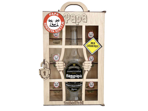 Börtönös Pálinkás Italos Szett - Papa Italos Szett – Apák Napi Ajándék Pálinkás üveggel és Poharakkal Fa Börtön Díszdobozban