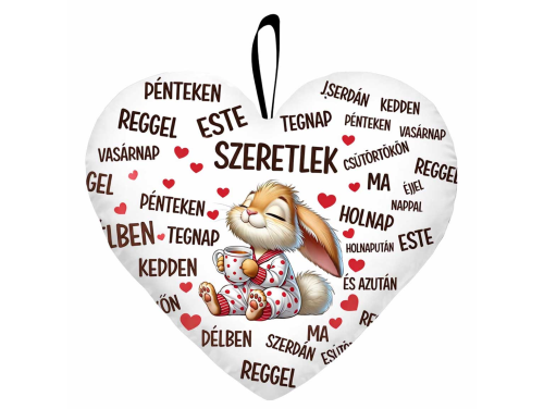 Nagy szív párna (45 cm) – „Szeretlek mindig” nyuszis szív párna | Szerelmes ajándék