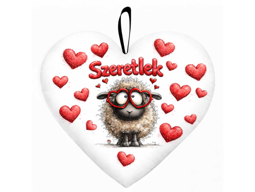 Nagy szív párna (45 cm) – „Szeretlek” szemüveges bárányos párna | Valentin Napi Ajándék