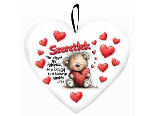 Nagy szív párna (45 cm) – „Nem vagyok egy Adonisz” macis párna | Valentin Napi Ajándék