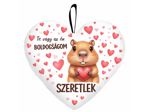 Kicsi szív párna (25×21 cm) – „Te vagy az én boldogságom” kapibarás Valentin-napi ajándék