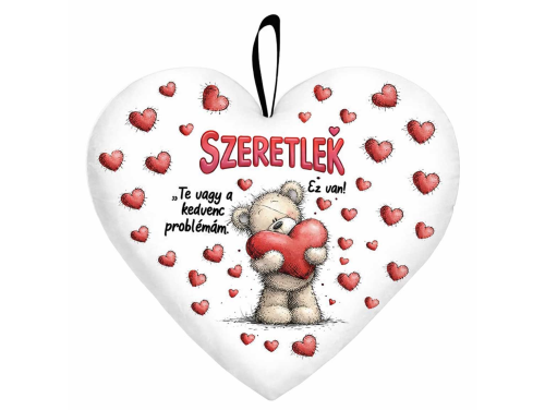 Kicsi szív párna (25×21 cm) „Szeretlek, te vagy a kedvenc problémám” macis Valentin-napi ajándék
