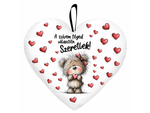 Kicsi szív párna (25×21 cm) „A szívem téged választott” macis Valentin-napi ajándék