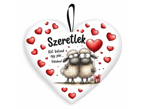 Kicsi szív párna (25×21 cm) „Szeretlek, két bolond egy pár!” vicces Valentin-napi ajándék