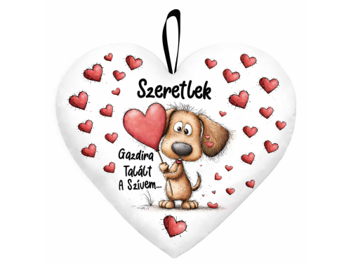 Kicsi szív párna (25×21 cm) „Gazdira talált a szívem” kutyás Valentin-napi ajándék