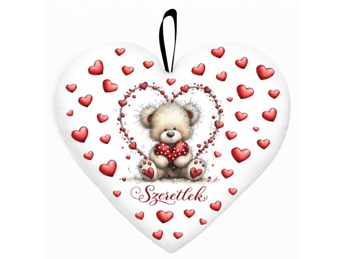 Kicsi szív párna (25×21 cm) Szeretlek macis mintával | Valentin napi ajándék