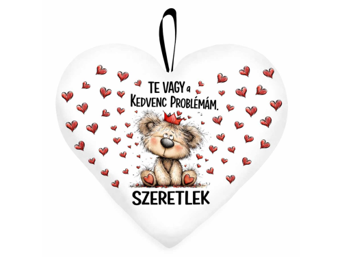 Kicsi szív párna (25×21 cm) Szeretlek „Te vagy a kedvenc problémám” koronás macis - Valentin Napi Ajándék