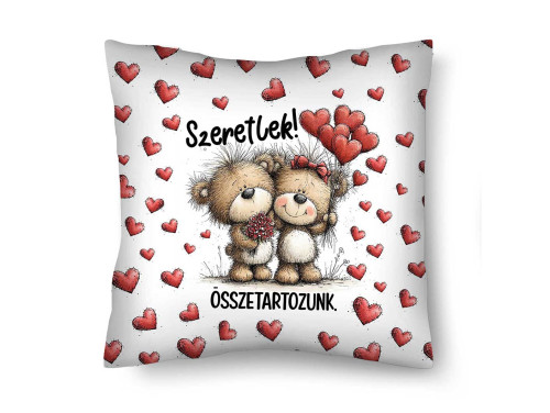 Díszpárna (26×26 cm) „Szeretlek. Összetartozunk.” – Szerelmes macis párna | Valentin napi ajándék