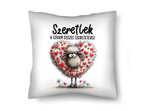 Díszpárna (26×26 cm) „Szeretlek a szívem összes szeretetével!” – Szerelmes bárányos párna | Valentin napi ajándék