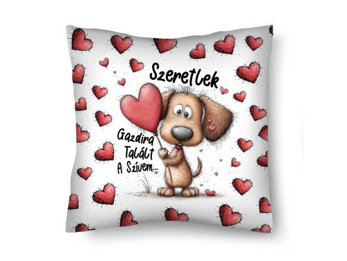 Díszpárna (26×26 cm) „Szeretlek – Gazdira talált a szívem” – Kutyás szerelmes párna | Valentin napi ajándék