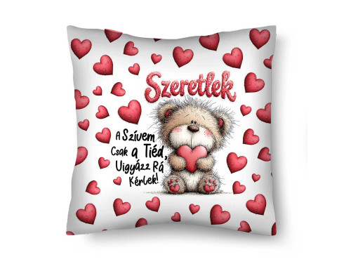 Díszpárna (26×26 cm) „Szeretlek – A szívem csak a tiéd” – Szerelmes macis párna | Valentin-napi ajándék