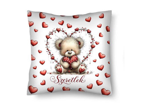 Díszpárna (26×26 cm) „Szeretlek” – Szívecskés macis párna | Valentin-napi romantikus ajándék