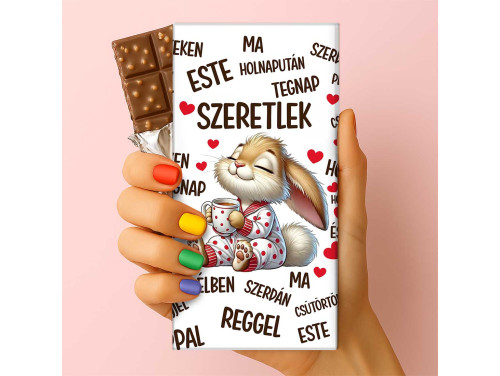 Feliratos puffasztott rizses csokoládé – „Szeretlek mindig” | Nyuszis szerelmes csoki (75 g)