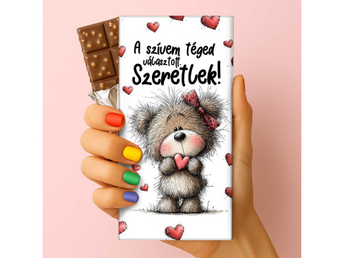 Feliratos puffasztott rizses csokoládé – „A szívem téged választott” | Szerelmes macis csoki (75 g)