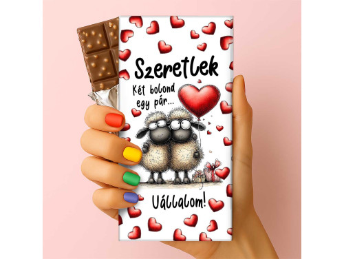 Feliratos puffasztott rizses csokoládé – „Szeretlek, két bolond egy pár” | Bárányos szerelmes csoki (75 g)