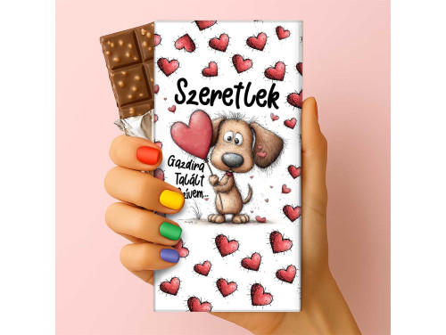 Feliratos puffasztott rizses csokoládé – „Szeretlek, gazdira talált a szívem” | Kutyás szerelmes csoki (75 g)