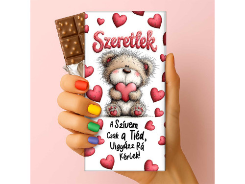 Feliratos puffasztott rizses csokoládé – „A szívem csak a Tiéd, vigyázz rá kérlek!” | Macis szerelmes csoki (75 g)