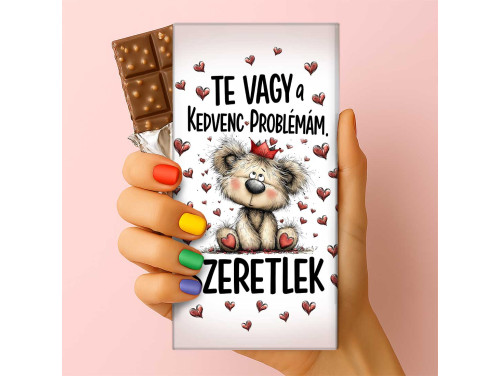 Feliratos puffasztott rizses csokoládé – Te vagy a kedvenc problémám koronás macis Valentin-napi ajándék 75g