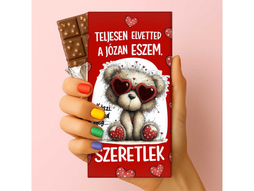 Feliratos puffasztott rizses csokoládé – Teljesen Elvetted A Józan Eszem macis Valentin-napi ajándék 75g
