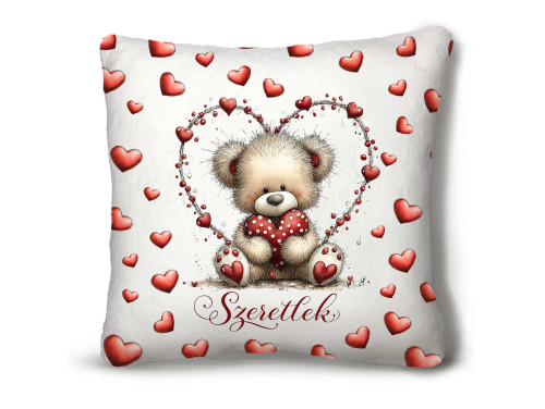 Nagy Négyzet Plüss Párna 45 x45 cm – Szíves maci „Szeretlek” felirattal - Valentin-napi ajándék plüss párna