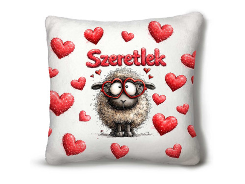 Nagy Négyzet Plüss Párna 45 x45 cm – „Szeretlek” szemüveges bárány mintával - Valentin-napi ajándék plüss párna