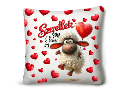 Nagy Négyzet Plüss Párna 45 x45 cm – „Szeretlek egy életen át” bárányos mintával - Valentin-napi ajándék plüss párna