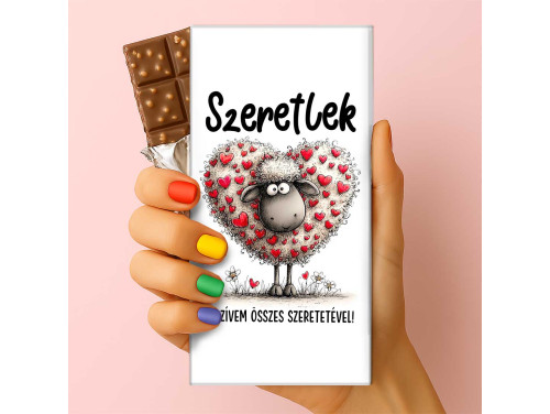 Feliratos puffasztott rizses csokoládé – „Szeretlek a szívem összes szeretetével” bárányos szerelmes csoki (75 g)