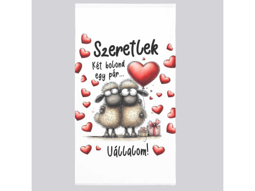 Szerelmes mintás törölköző 50×100 cm – „Szeretlek, két bolond egy pár… vállalom!” (vicces páros ajándék)