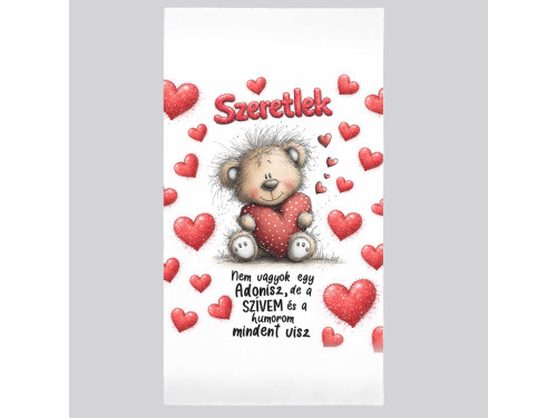 Szerelmes mintás törölköző 50×100 cm - „Szeretlek, nem vagyok egy Adonisz” mintával törölköző | Vicces, szerelmes ajándék