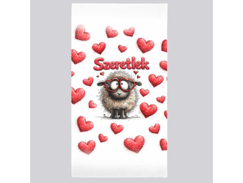 Szerelmes mintás törölköző 50×100 cm - „Szeretlek” szöveggel, vicces szemüveges bárány mintával törölköző | Vicces, szerelmes ajándék