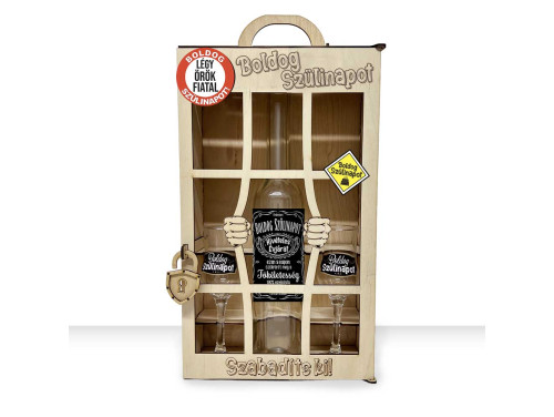 Börtönös Pálinkás Italos Szett Grappás Pohárral - Boldog Szülinapot felirattal Fa Díszdobozban Születésnapra