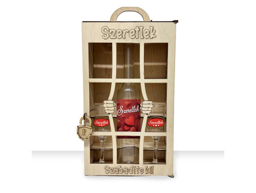 Börtönös Pálinkás Italos Szett Grappás Pohárral Szerelmes Ajándék - Szeretlek felirattal Fa Díszdobozban