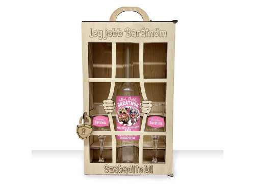 Börtönös Pálinkás Italos Szett Grappás Pohárral Ajándék Barátnőnek - Legjobb Barátnő felirattal Fa Díszdobozban