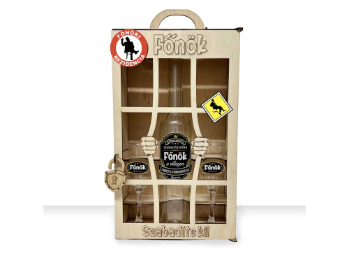 Börtönös Pálinkás Italos Szett Grappás Pohárral Vicces Ajándék Főnöknek - Főnök Szabadíts Ki felirattal Fa Díszdobozban