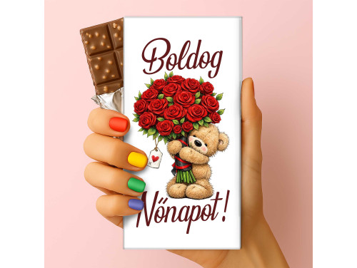 Feliratos puffasztott rizses csokoládé – „Boldog Nőnapot” Macis Nőnapi csoki, Nőnapi Ajándék (75 g)