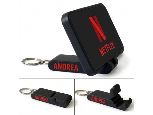 PocketView™ Black & Red - Fekete Piros felirattal - Egyedi Névvel, Felirattal Rendelhető Összecsukható Asztali Telefontartó és Kulcstartó