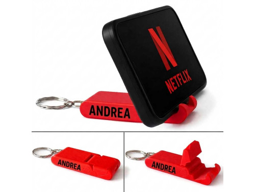 PocketView™ Red & Black - Piros Fekete felirattal - Egyedi Névvel, Felirattal Rendelhető Összecsukható Asztali Telefontartó és Kulcstartó