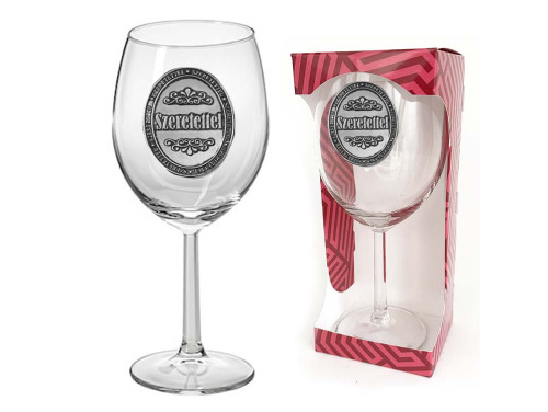 Ovális Fémcímkés Borospohár - Szeretettel feliratú borospohár - Ajándék Különleges Alkalmakra