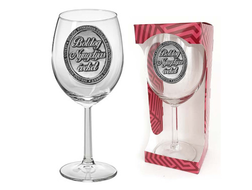 Ovális Fémcímkés Borospohár - Boldog Nyugdíjas éveket - feliratú borospohár - Nyugdíjas búcsúztatóra Ajándék