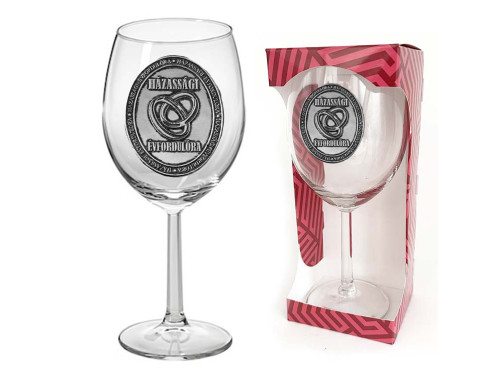 Ovális Fémcímkés Borospohár - Házassági Évfordulóra feliratú borospohár  - Ajándék Házassági Évfordulóra