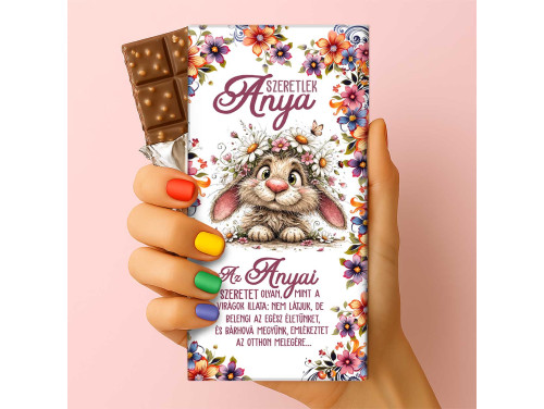 Csoda Csoki - Anyák napi feliratos csokoládé - „Szeretlek Anya” nyuszis (75g-os tejtábla) - Anyák Napi Ajándék Anyáknak