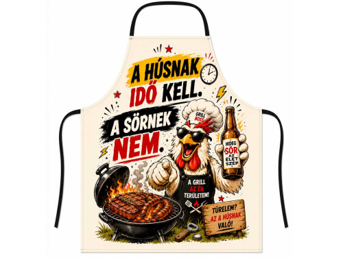 (TK084) Vicces kötény - A Húsnak Idő Kell A Sörnek Nem - Sörös Grillmester Kötény