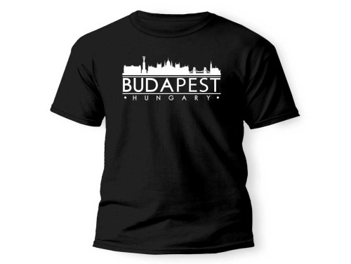 (PX344) Budapest Skyline Póló – Fekete 100% Pamut Magyar Szuvenír Budapest Sziluettel