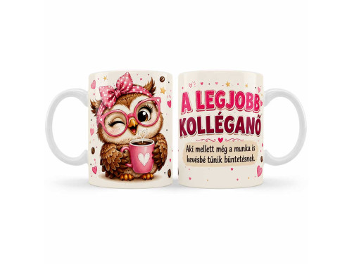 (B1456) Vicces Kolléga Bögre – A Legjobb Kolléganő Aki Mellett Még a Munka is – Ajándék Kolléganőnek Baglyos Grafikával