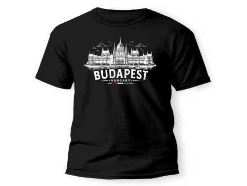 (PX345) Budapest Póló –Parlament Budapest Zászló - Fekete 100% Pamut Magyar Szuvenír Budapest Sziluettel
