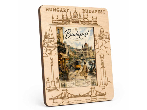 Gravírozott Fa Képkeret Budapest Képpel - Budapest Városi Hangulat Villamossal - Hungary Szuvenír